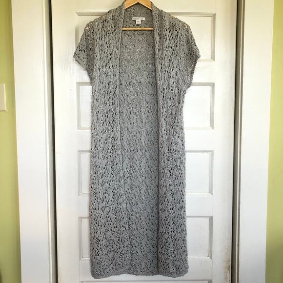 Coldwater Creek Long Crochet Cardigan Duster M Gray Short Sleeve Boho Langenlook - Picture 1 of 8